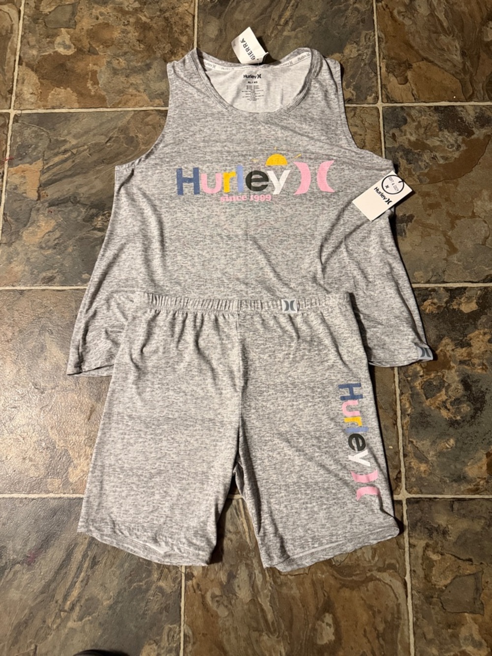 Hurley Heather Gray Woman’s Tank & Shorts Pajama Set with Pastel Logo Accents
